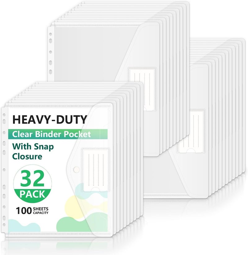 HOUYEE 32 Pack Clear Binder Pocket, 11 Holes Heavy-Duty Plastic Binder Pouch with Snap Closure for 2/3/4 Ring Binder, Clear Binder Folders for School Office, 8 Mil,100 Sheet Capacity, Letter Size - Image 1